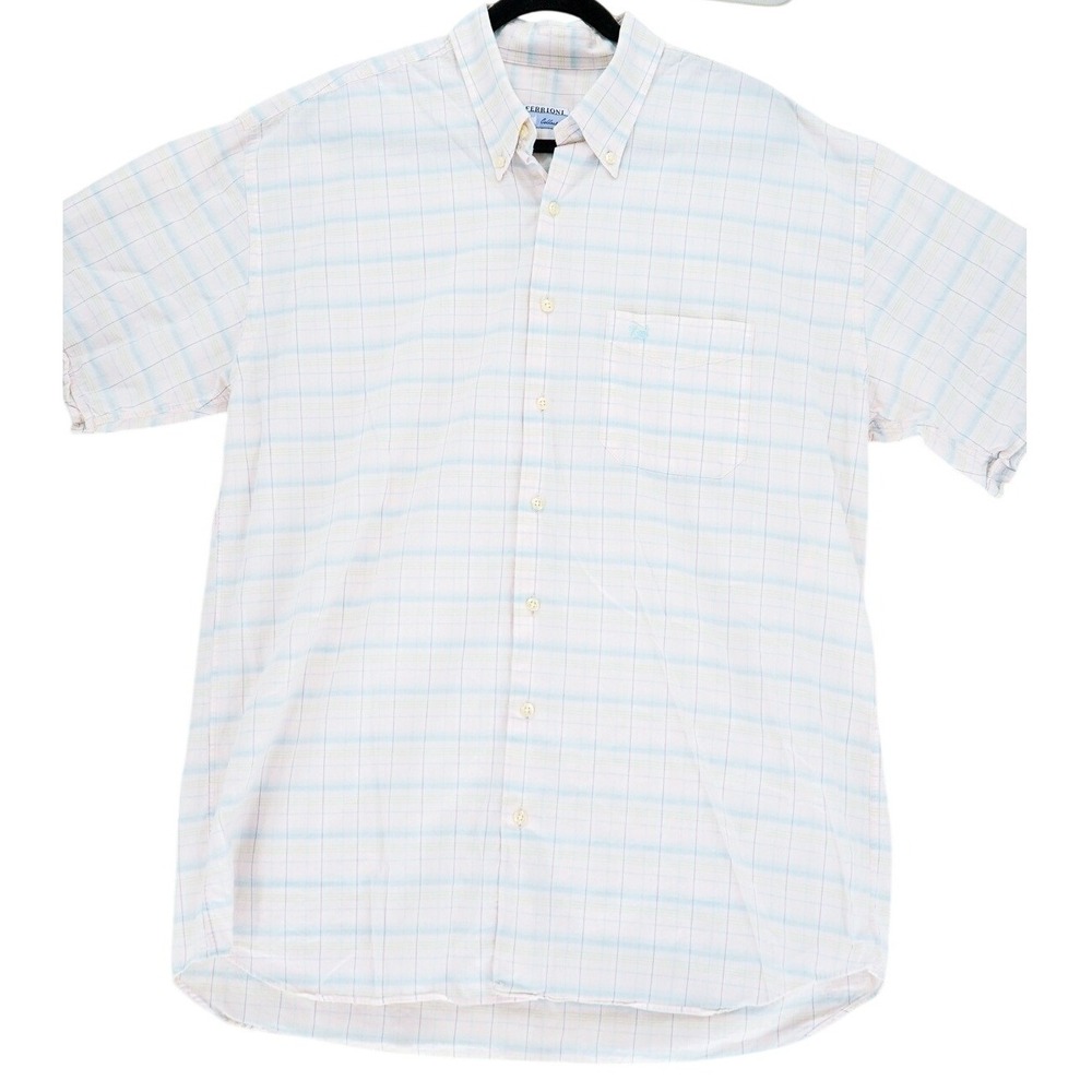 Ferrioni Pink Blue Plaid Short Sleeve Button Up XL Easter Spring Pastel